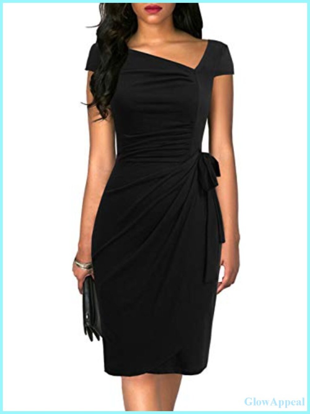 Women's Vintage Cap Sleeve Faux Wrap Sheath Bodycon Midi Dress